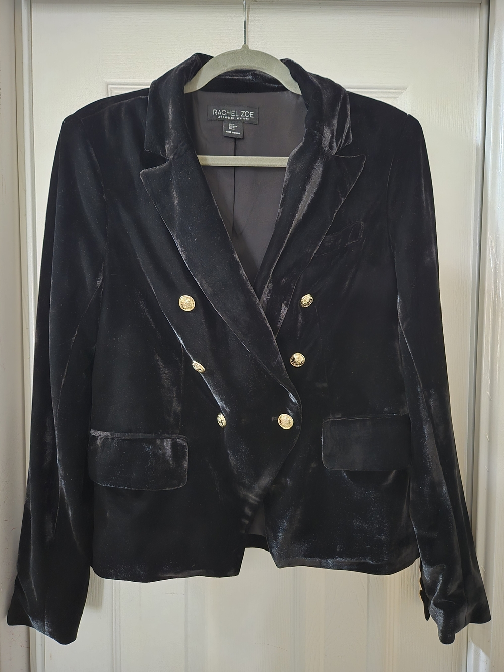 Rachel Zoe Black Velvet Double-Breasted Blazer with Gold Buttons
